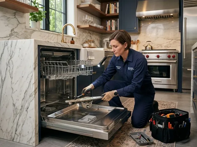 Appliance Repair Hero technician servicing a built-in dishwasher in a Adamsburg, PA kitchen
