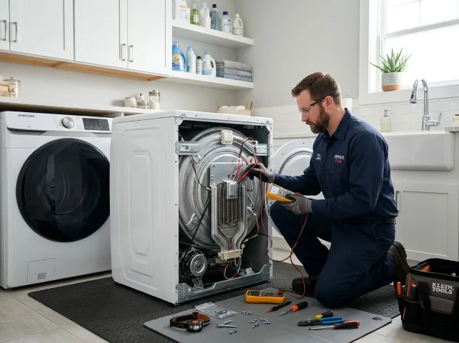 Appliance Repair Hero technician checking a dryer heating element with the rear panel off in Adamsburg, PA