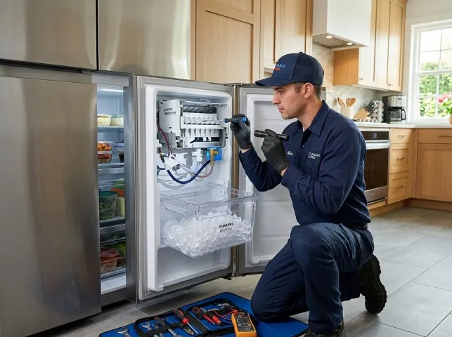 Appliance Repair Hero technician repairing a refrigerator ice maker in Adamsburg, PA