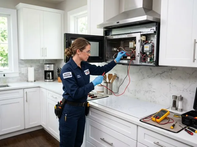 Appliance Repair Hero technician testing an over-the-range microwave in a Adamsburg, PA kitchen