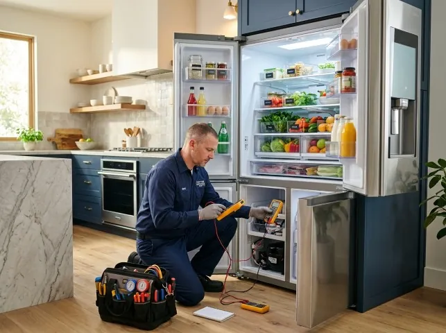 Appliance Repair Hero refrigerator technician testing a fridge on a Adamsburg, PA service call