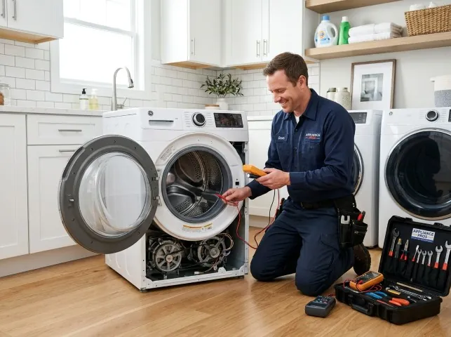Appliance Repair Hero technician testing a front-load washer with a multimeter on a Adamsburg, PA service call